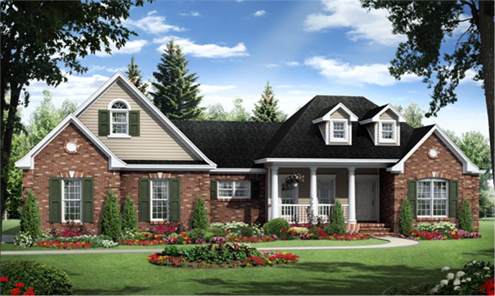 Front elevation of this country style home (ThePlanCollection: House Plan #141-1264)