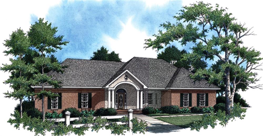 Front elevation of this ranch home (ThePlanCollection: House Plan #141-1268)