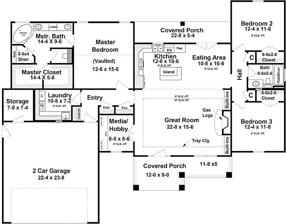 Floor Plan Main Level of Ranch Plan #141-1318