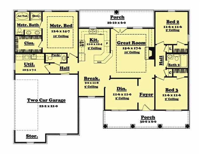 Country Ranch House Plan 3 Bedrms 2, 1600 To 1700 Square Foot House Plans