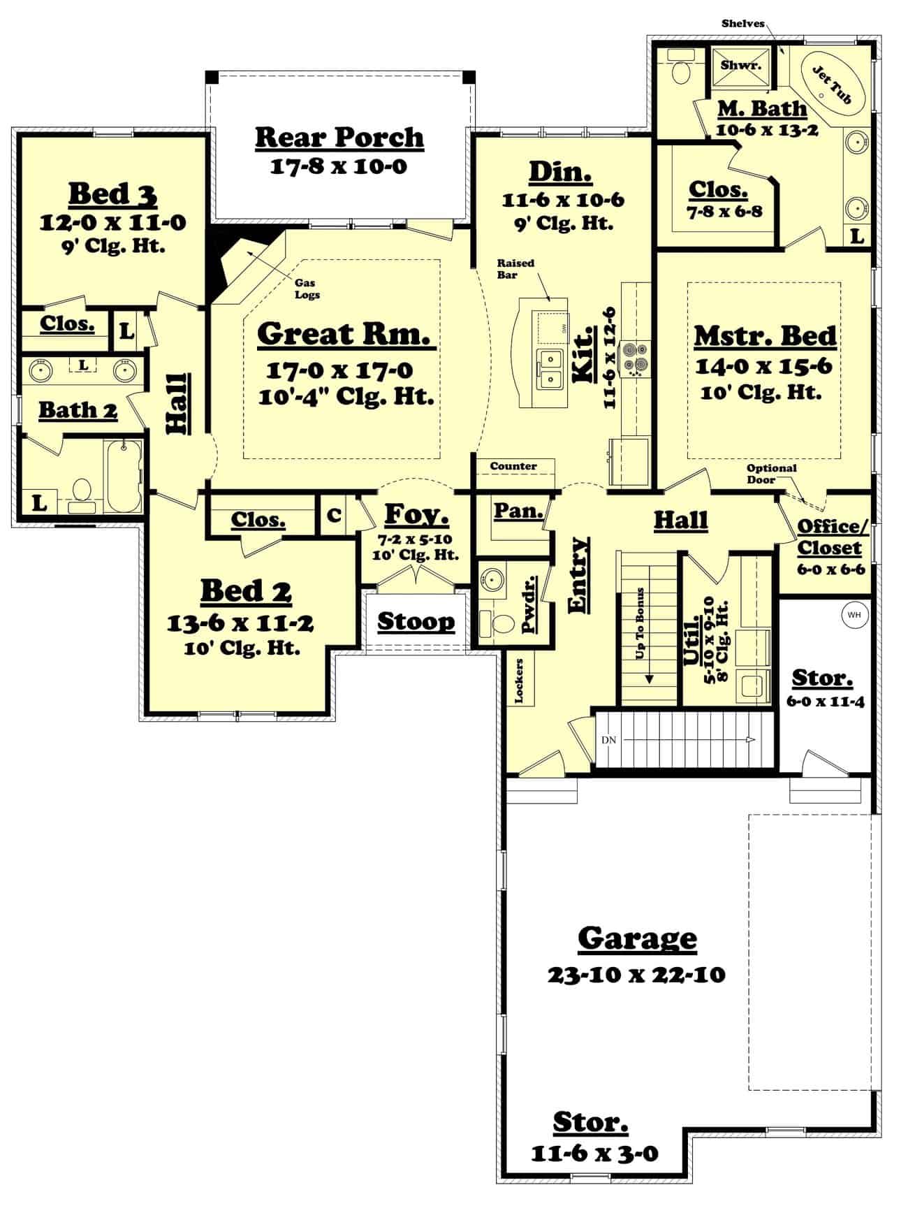 Floor Plan Main Level of Acadian Plan #142-1130 with Basement Stair