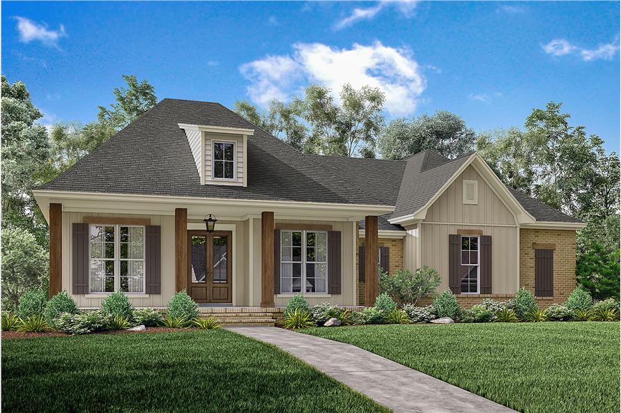 Front elevation of Acadian home plan (ThePlanCollection: House Plan #142-1163)