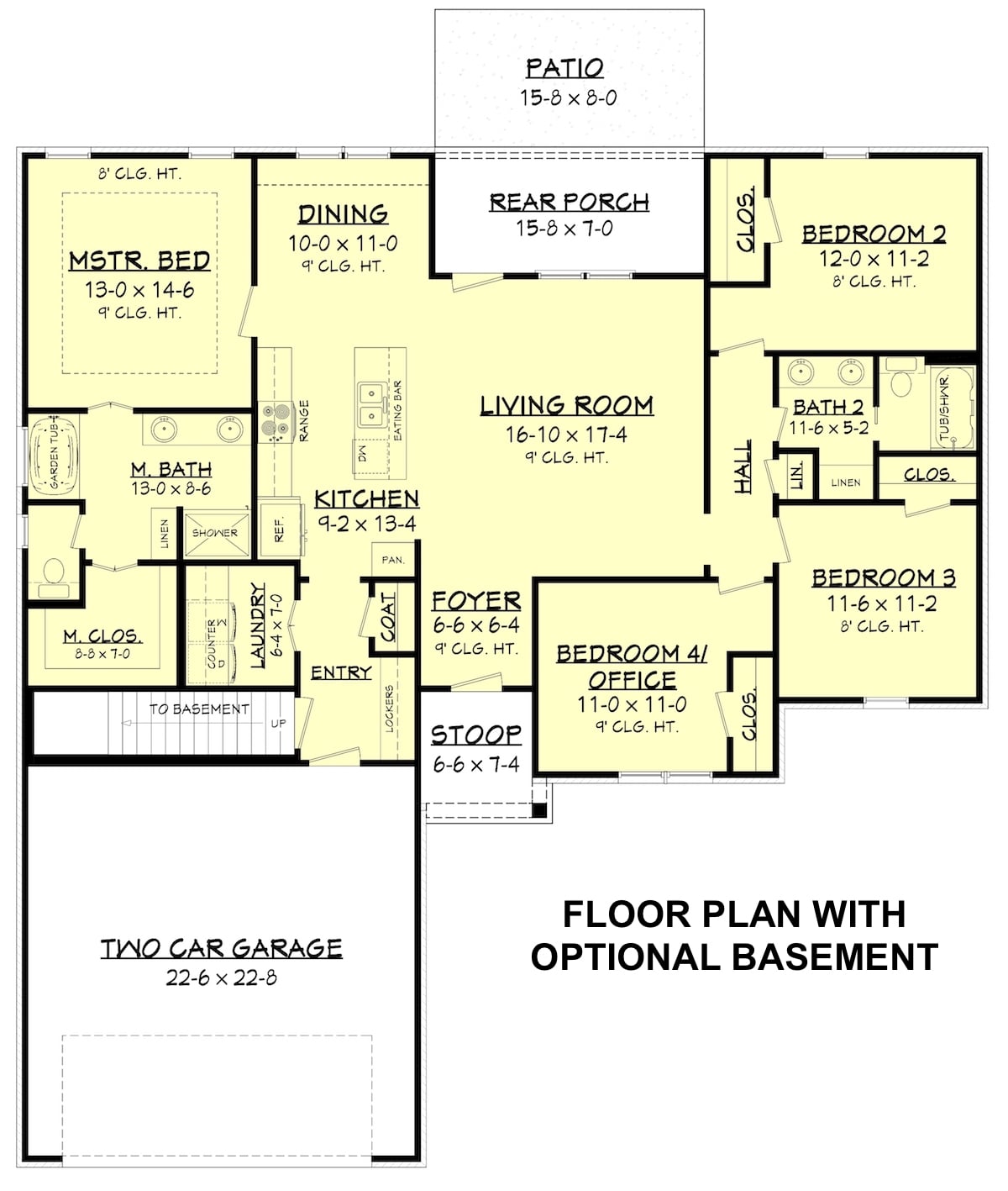 Floor Plan Main Level of Country Plan #142-1196 with Basement Option - Stair Location