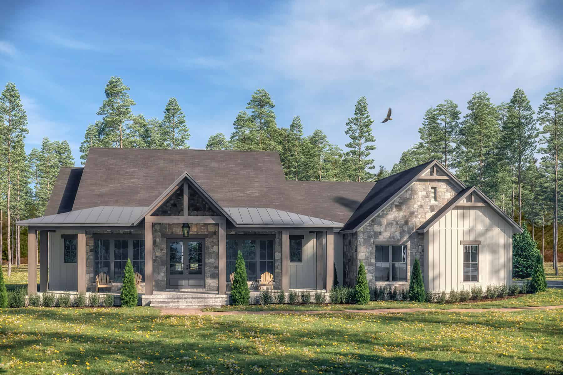 Front elevation of Modern Farmhouse home (ThePlanCollection: House Plan #142-1465)