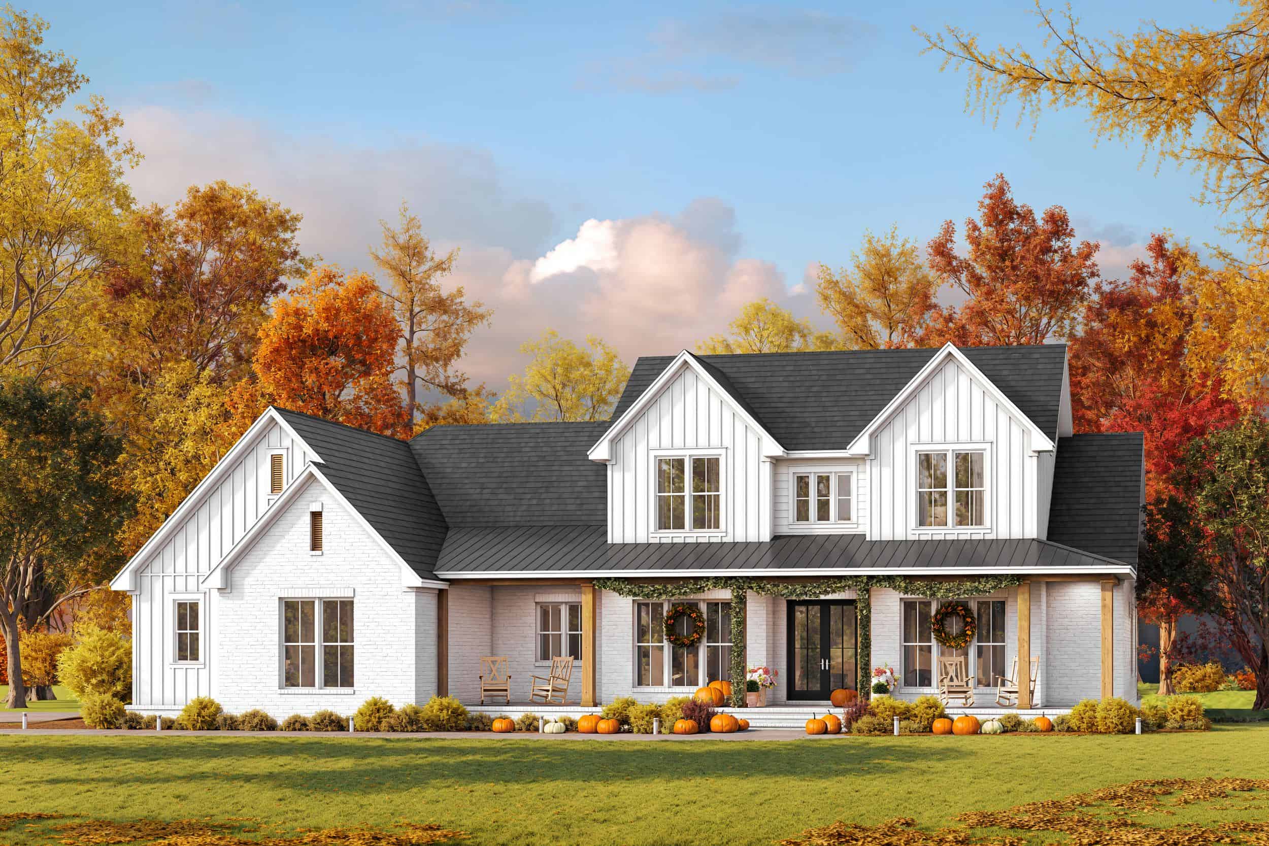 Front elevation of Modern Farmhouse home (ThePlanCollection: House Plan #142-1522)