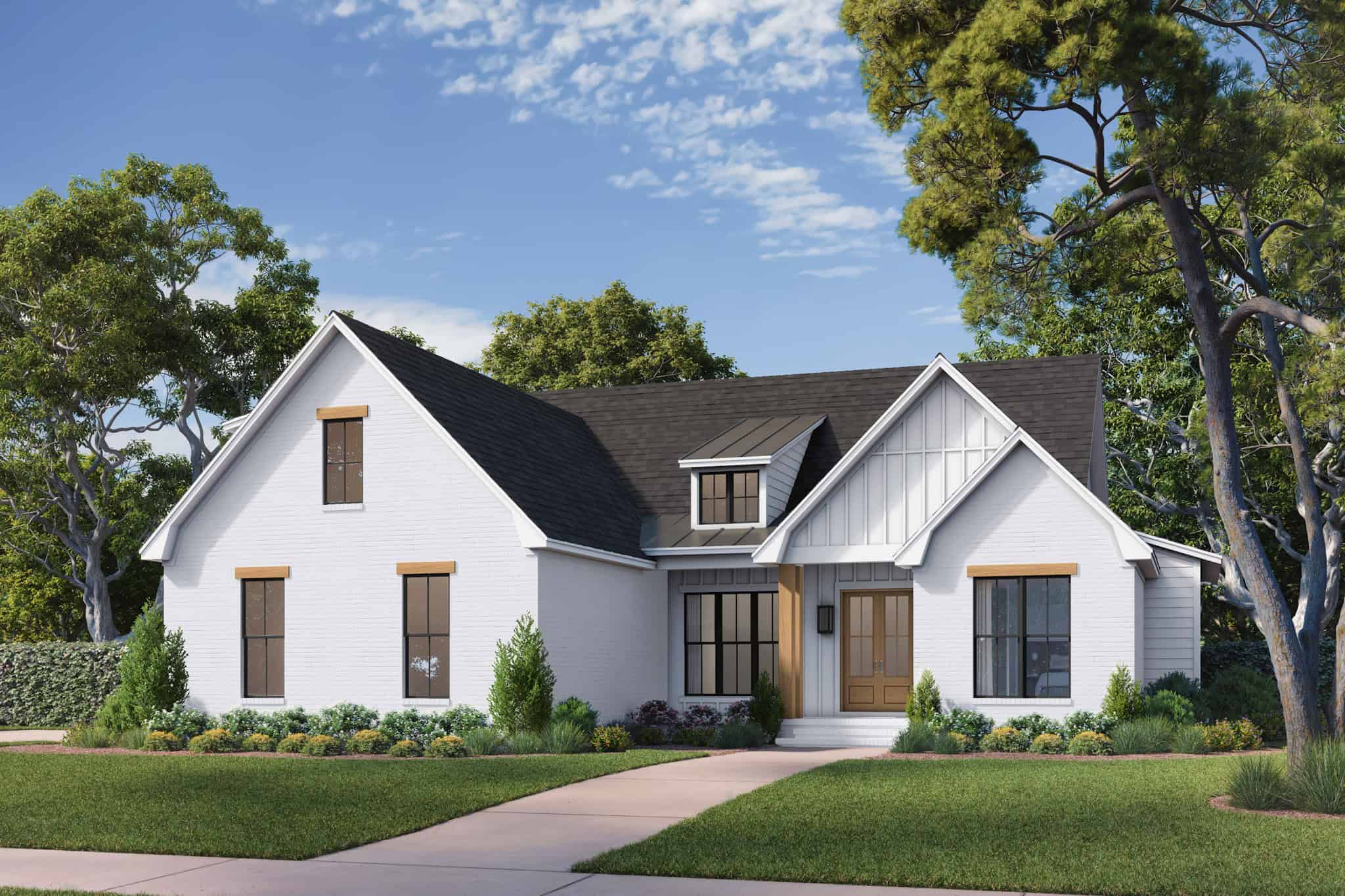 Front elevation of Modern Farmhouse home (ThePlanCollection: House Plan #142-1528)