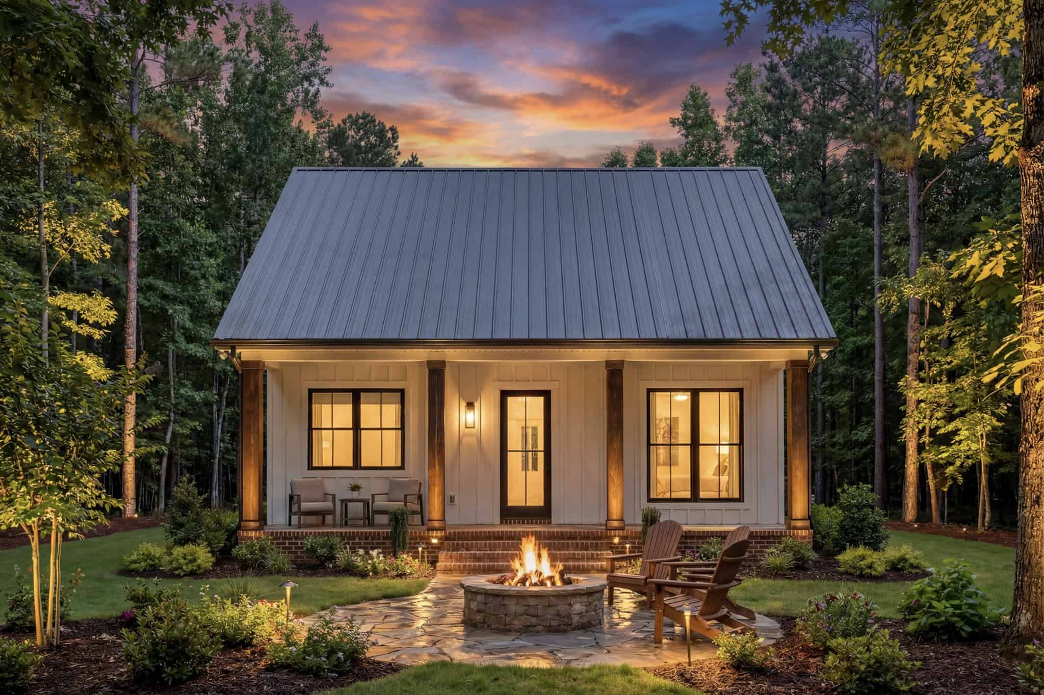 The main exterior rendering showcases a charming Farmhouse home with brick and board-and-batten siding, a metal gable roof, and welcoming covered front porch.