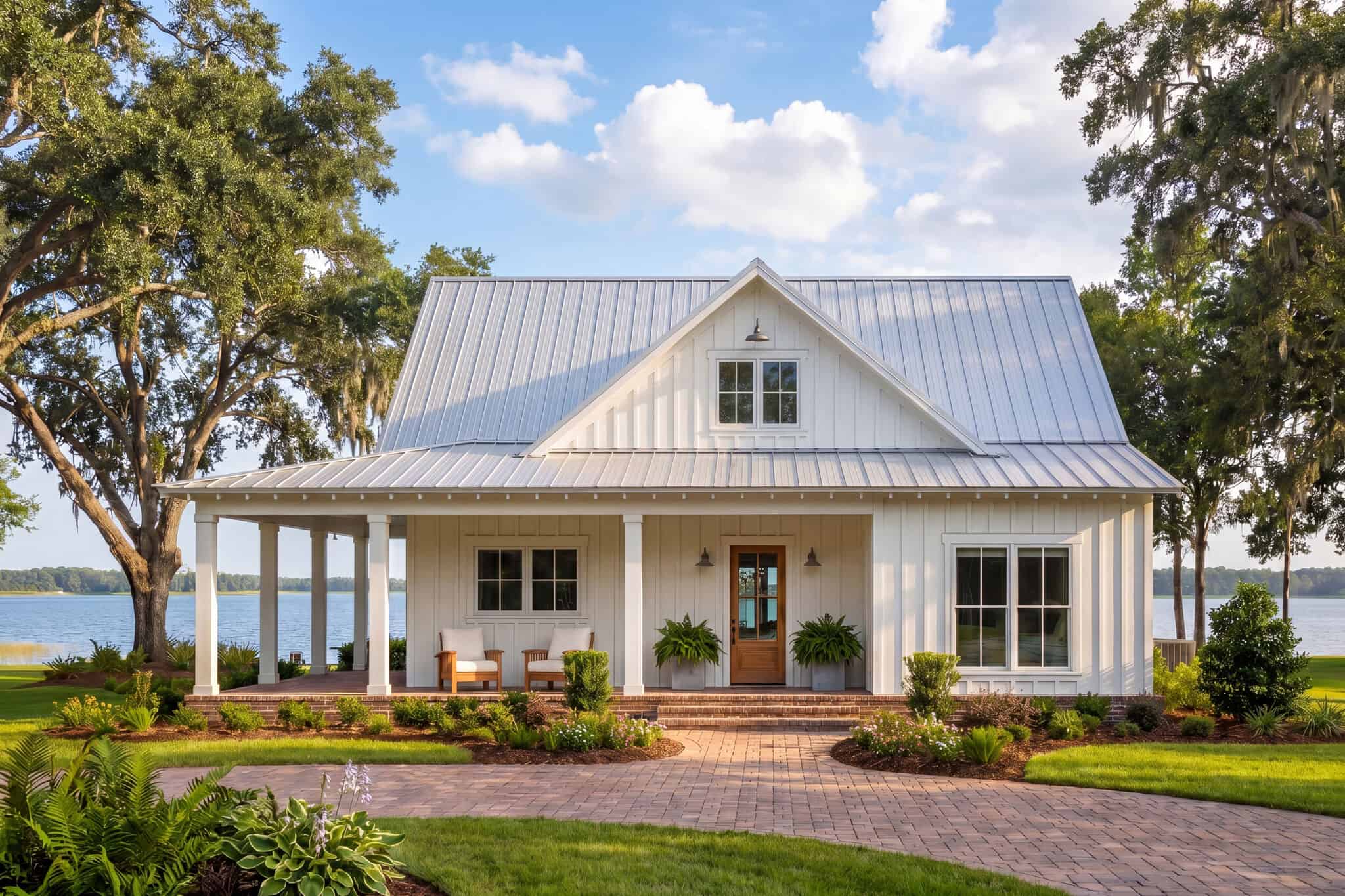 Country facade with wraparound porch, board and batten siding, and metal roof. 2 beds, 1,253 sq ft - Plan #142-1587.