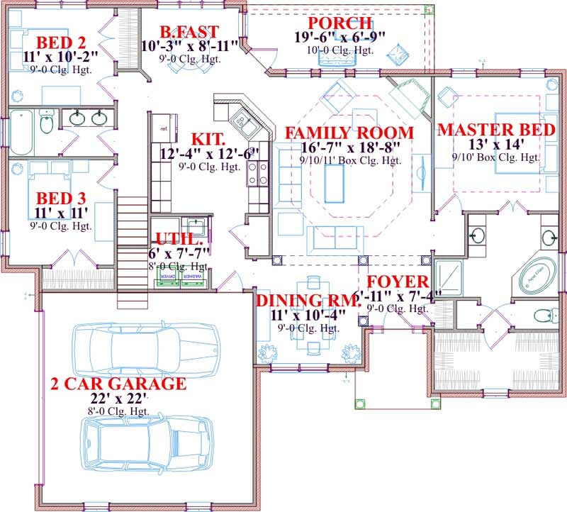 Floor Plan First Story of Ranch Plan #144-1007