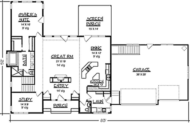 Floor Plan First Story of Prairie Plan #146-1991
