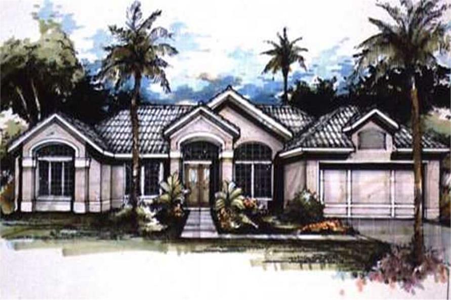 Colored Rendering Front Elevation of Mediterranean Home Plans.
