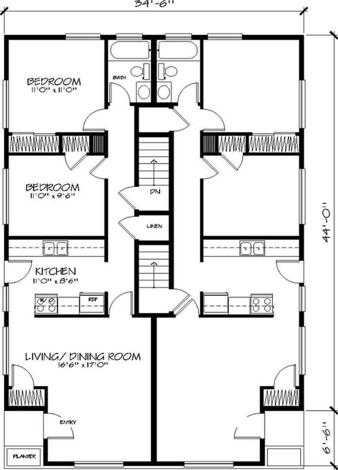Contemporary Duplex Plan - 2 Bedrms, 1 Bath - 684 Sq Ft Per Unit - #146 ...