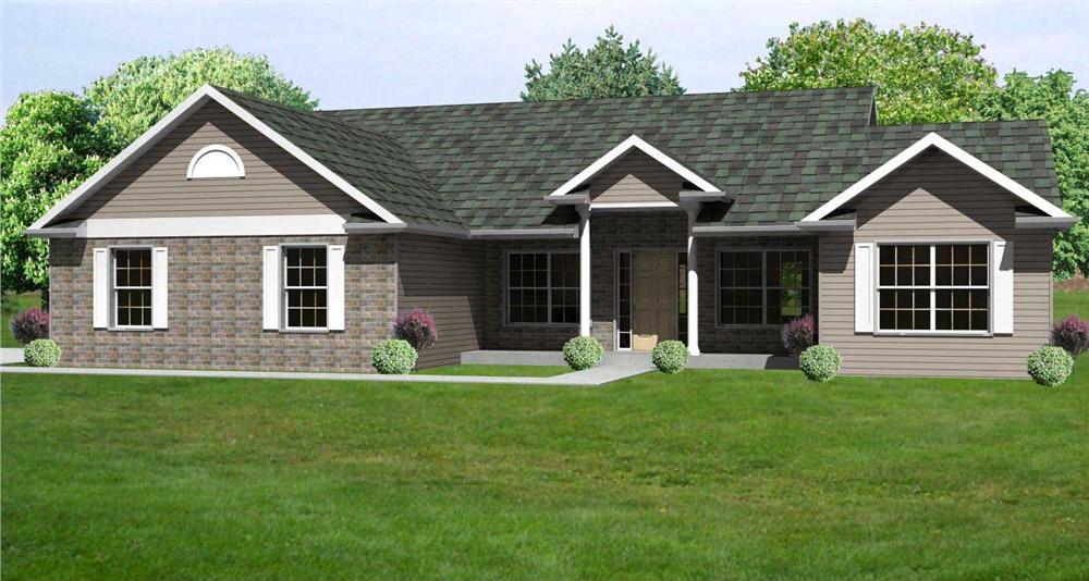 This is a 3D front elevation of these Ranch Home Plans.