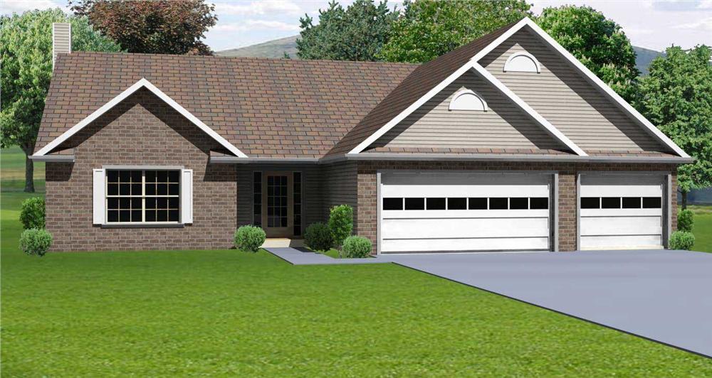 This image shows the front elevation for these Ranch Houseplans.