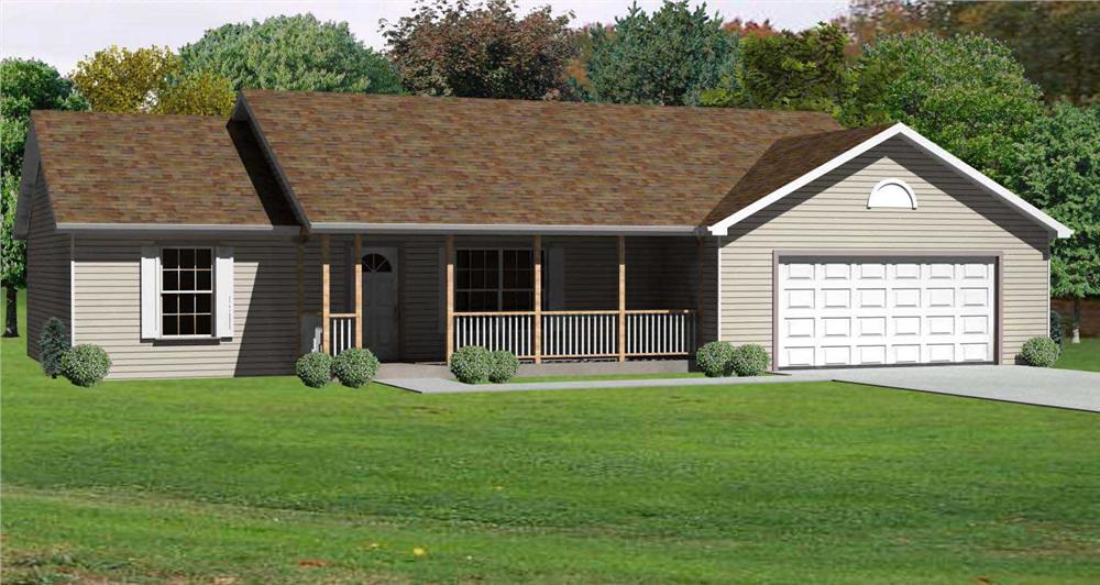This is a computer-generated 3D rendering of these Small Ranch Home Plans.