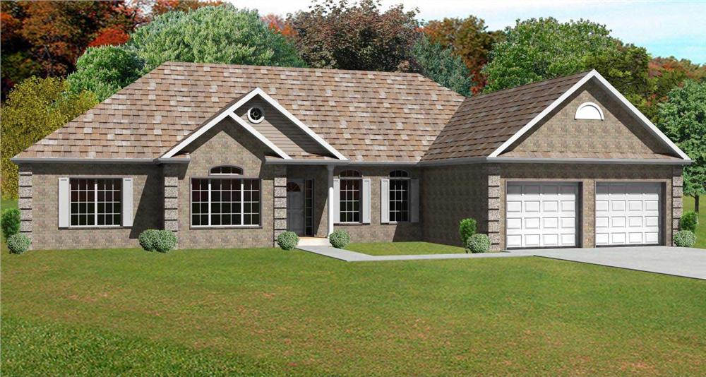 This is a 3D Computer Generated Front Elevation of these European Ranch Houseplans.