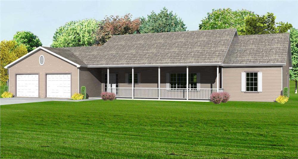 This is the front elevation rendering of these Ranch House Plans.