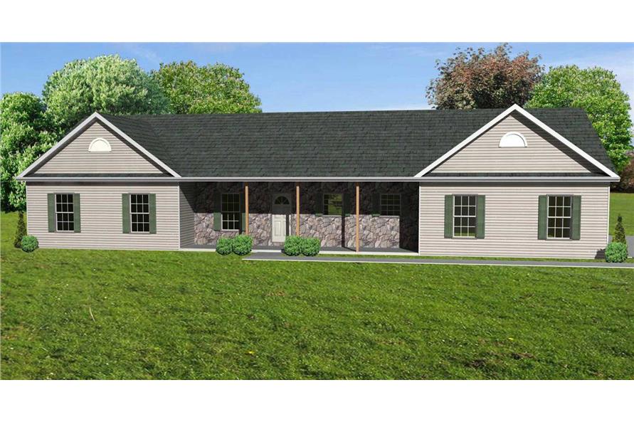 This image shows the front elevation of these Ranch House Plans.