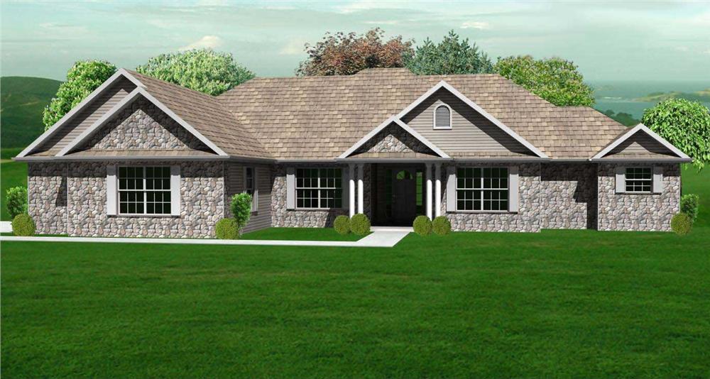 This is a 3D rendering of these European Ranch Home Plans.