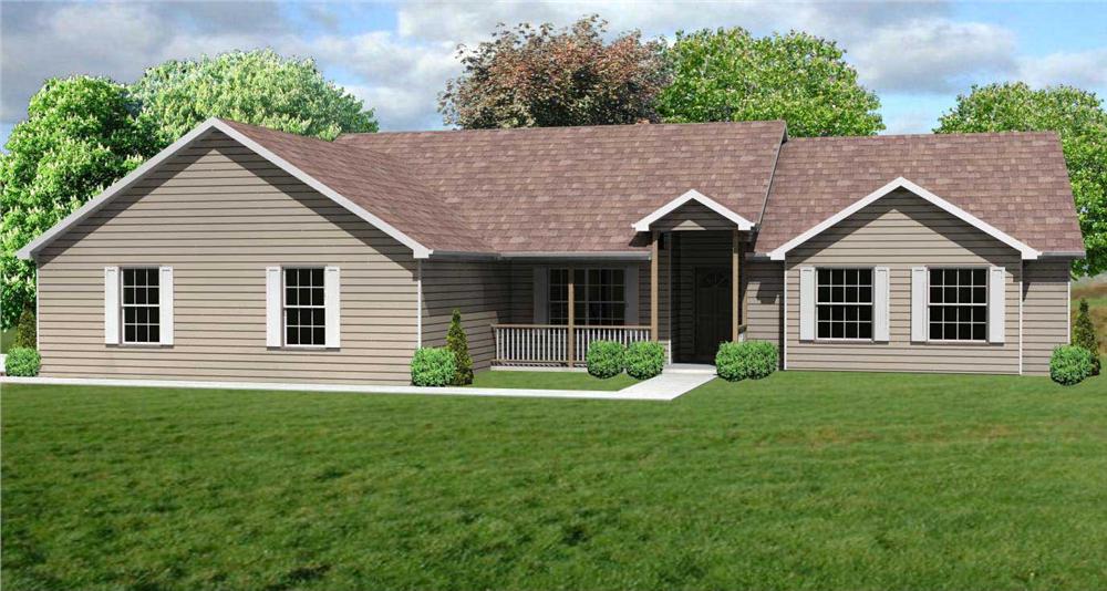 This is a computer front elevation of these Ranch House Plans.