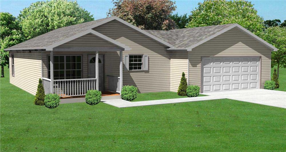 This image shows the front elevation of these Bungalow House Plans.