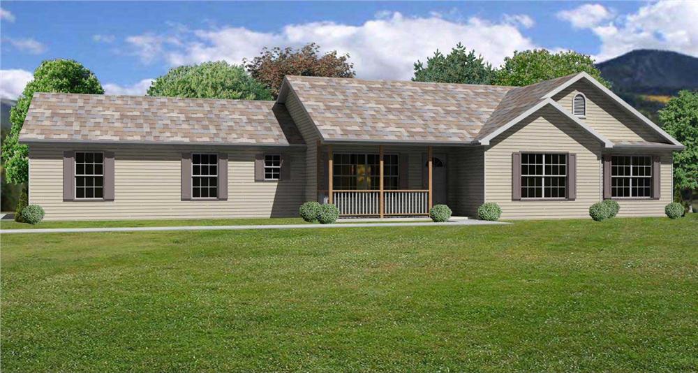 This image shows a front view of these Ranch Home Plans.