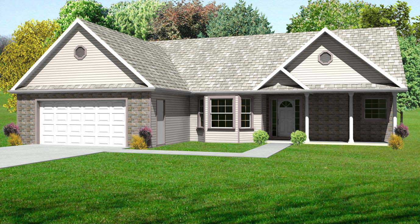 This is the front elevation for these Ranch House Plans.