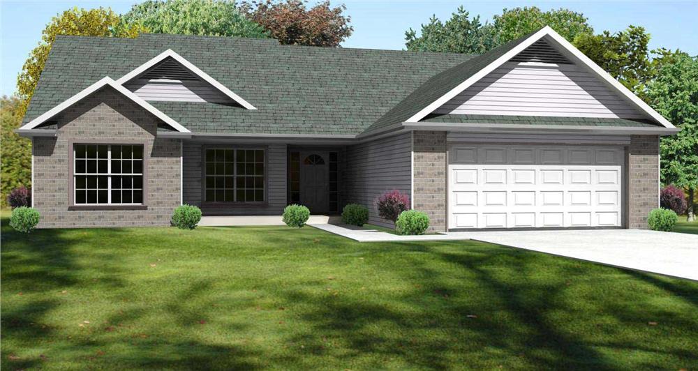 This is the front rendering of this set of Traditional Ranch Homeplans.