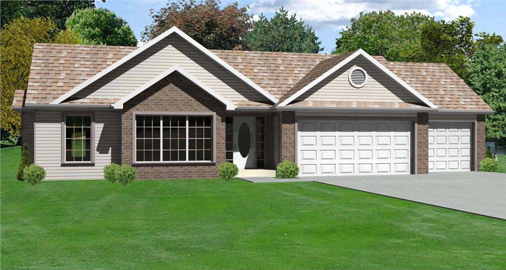 This image shows the front elevation of these Ranch House Plans.