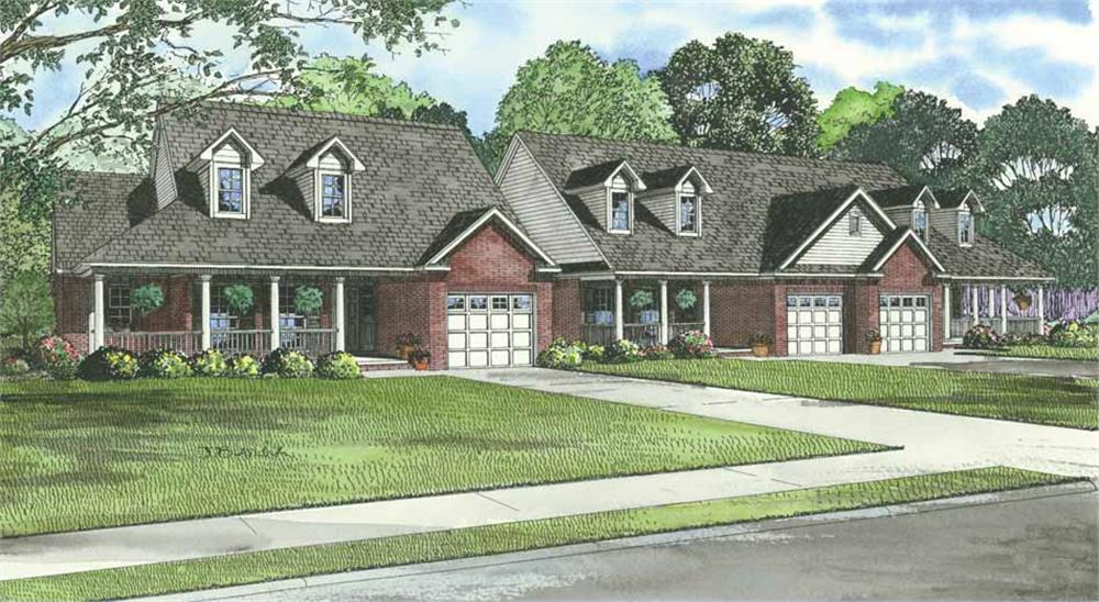 Front elevation of duplex home (ThePlanCollection: House Plan #153-1015)
