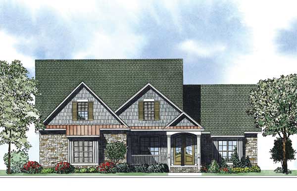 This is the front elevation of these colorful Craftsman House Plans