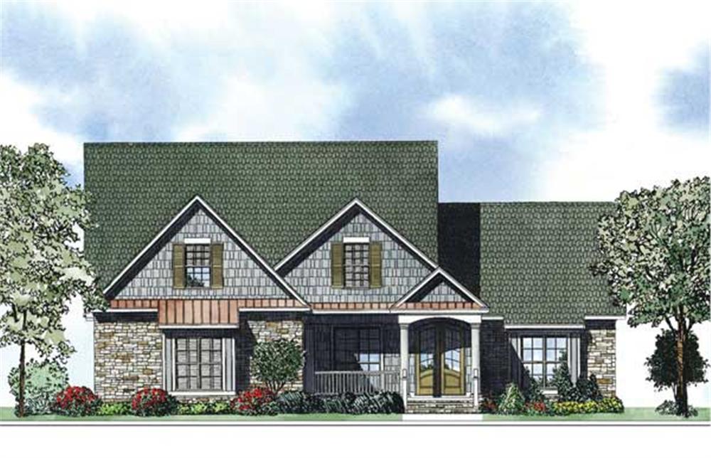 This is the front elevation of these colorful Craftsman House Plans