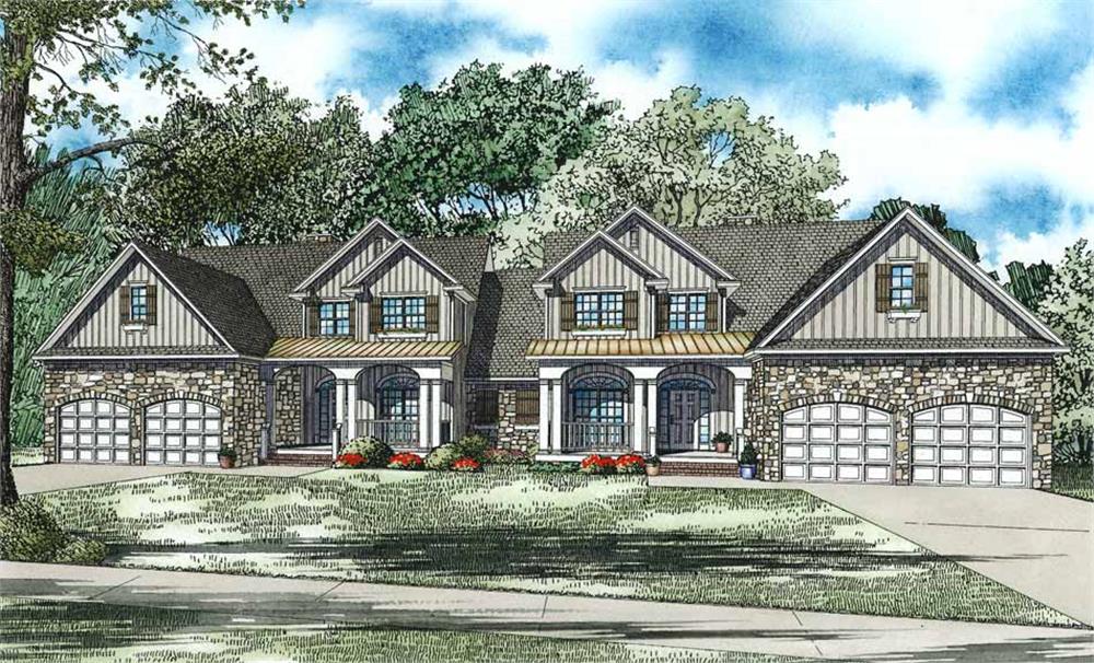 Front elevation of this duplex home (ThePlanCollection: House Plan #153-1082)