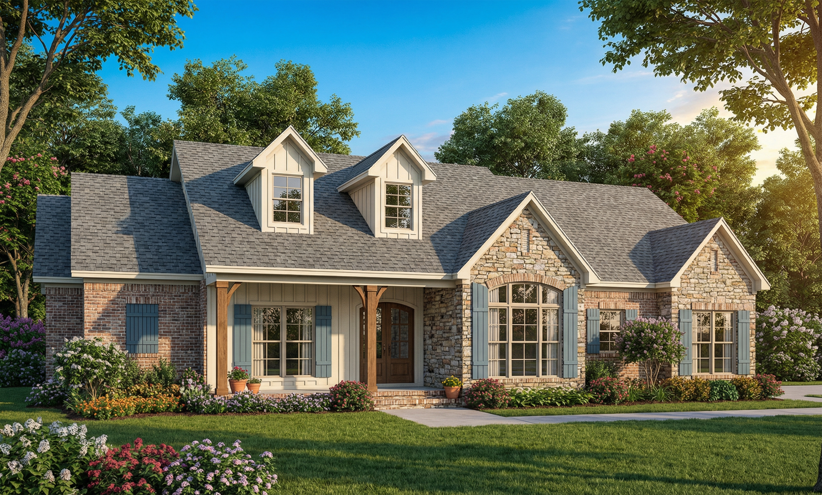 This is the front elevation for these Craftsman House Plans.