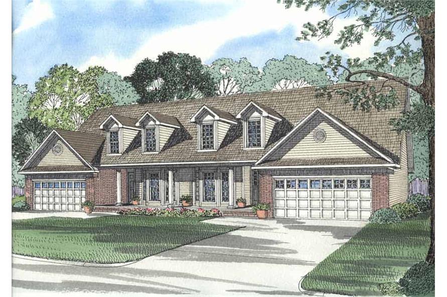 Front elevation of duplex home (ThePlanCollection: House Plan #153-1232)