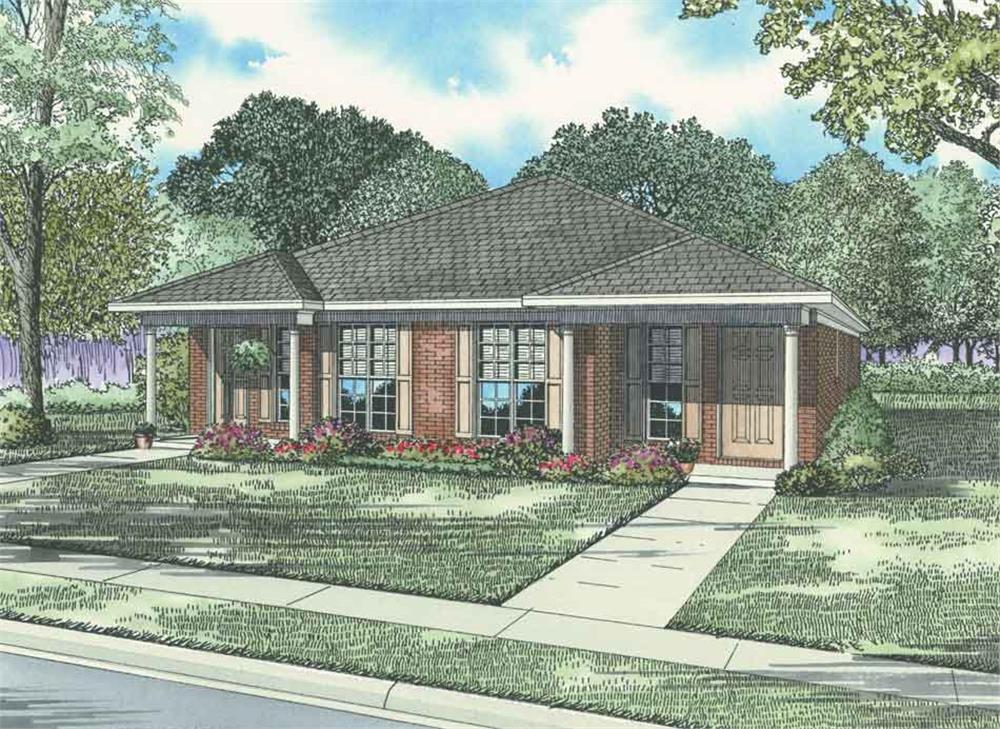 Front elevation of duplex ranch-style home (ThePlanCollection: House Plan #153-1324)