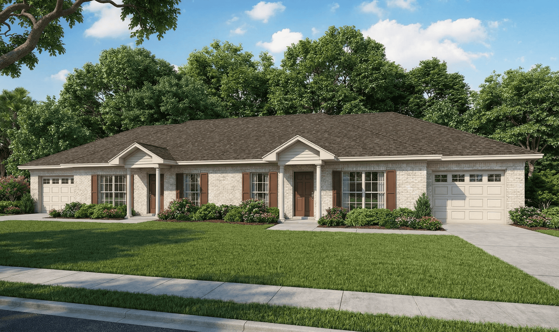 This is the front elevation for these Duplex House Plans