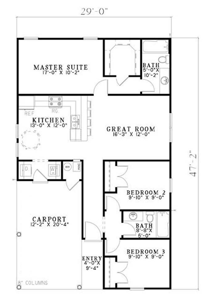 Starter or Empty Nester Ranch Plan 3 Bedrms, 2 Baths 1070 Sq Ft