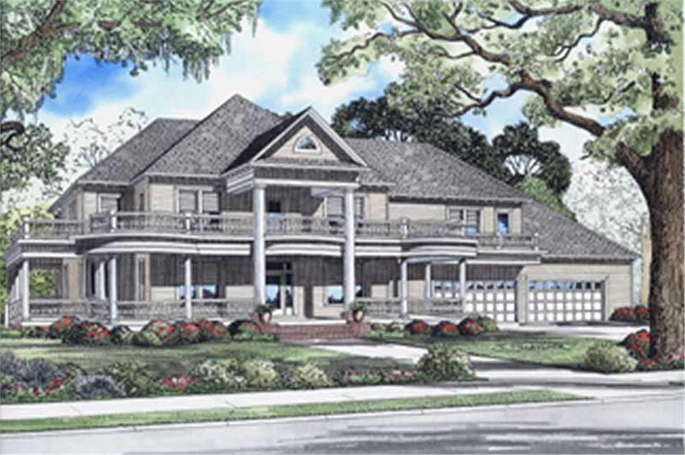 This image shows the front elevation for this set of Southern House Plans.