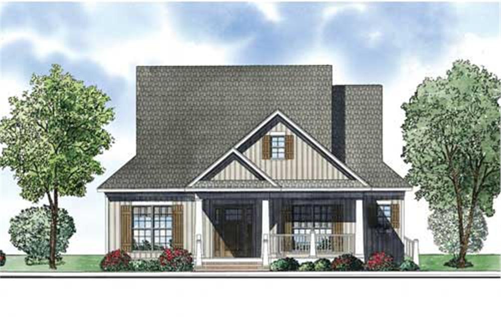 This is an artist's rendering of the front elevation for these Country House Plans.