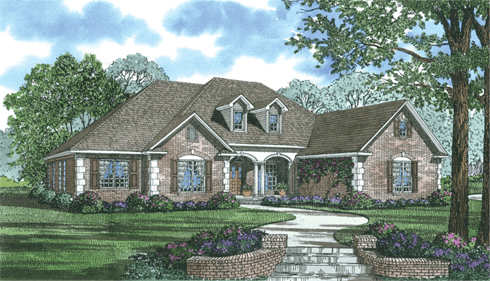 Front elevation of Fench country home with in-law suite (ThePlanCollection: House Plan #153-1868)