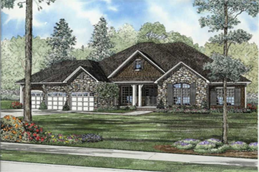 This image shows the front elevation for these European House Plans.