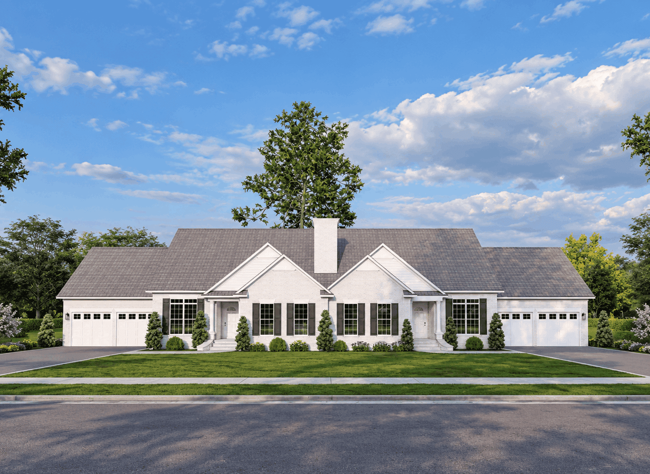 A traditional duplex with brick siding, covered front porch, and front-entry 2-car garage. 3 beds, 1,714 sq ft - Plan #153-2136