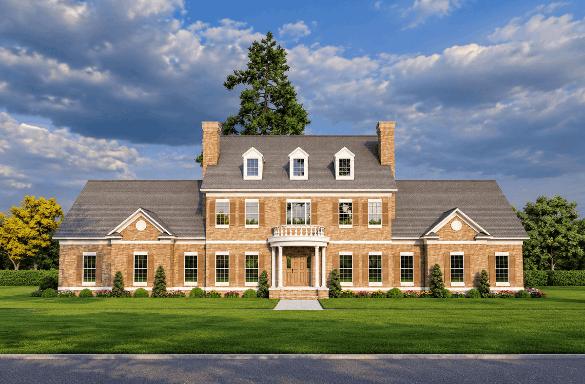 Brick French Colonial facade with formal portico entry, symmetrical shuttered windows, gable-and-dormer roofline, and side-entry 3-car garage. 4 beds, 5.5 baths, 4,996 sq ft - Plan #153-2140