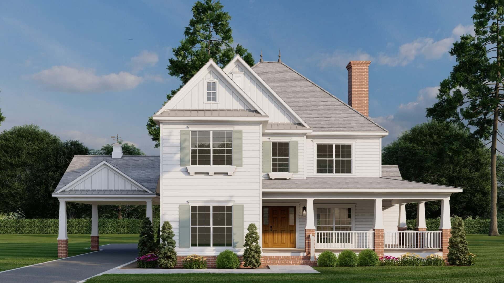 Arts and Crafts facade with covered porte-cochere entry, wrap-around porch, and detailed brickwork. 5 beds, 2,516 sq ft - Plan #153-2141