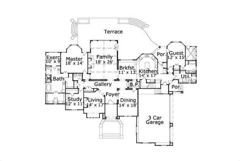 Floor Plan First Story of Spanish Plan #156-1771