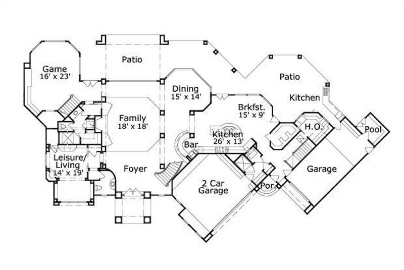 Floor Plan First Story of Spanish Plan #156-1909