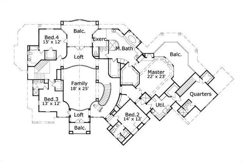 Floor Plan Second Story of Spanish Plan #156-1909