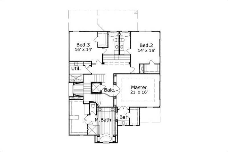 Floor Plan Second Story of Mediterranean Plan #156-1925