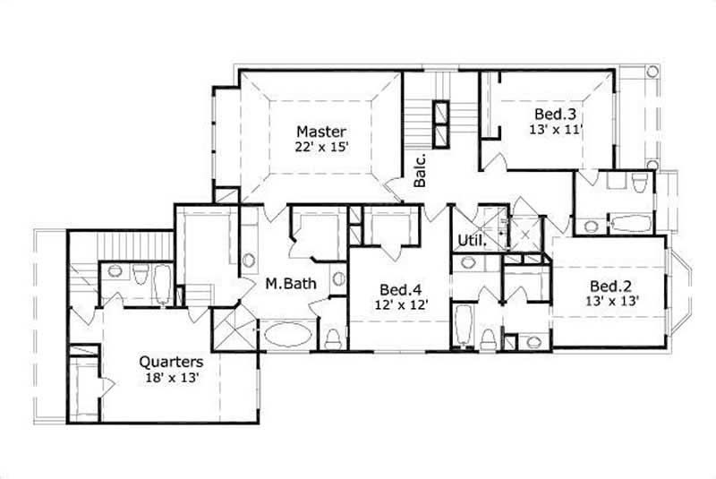 Floor Plan Second Story of Luxury Plan #156-1938